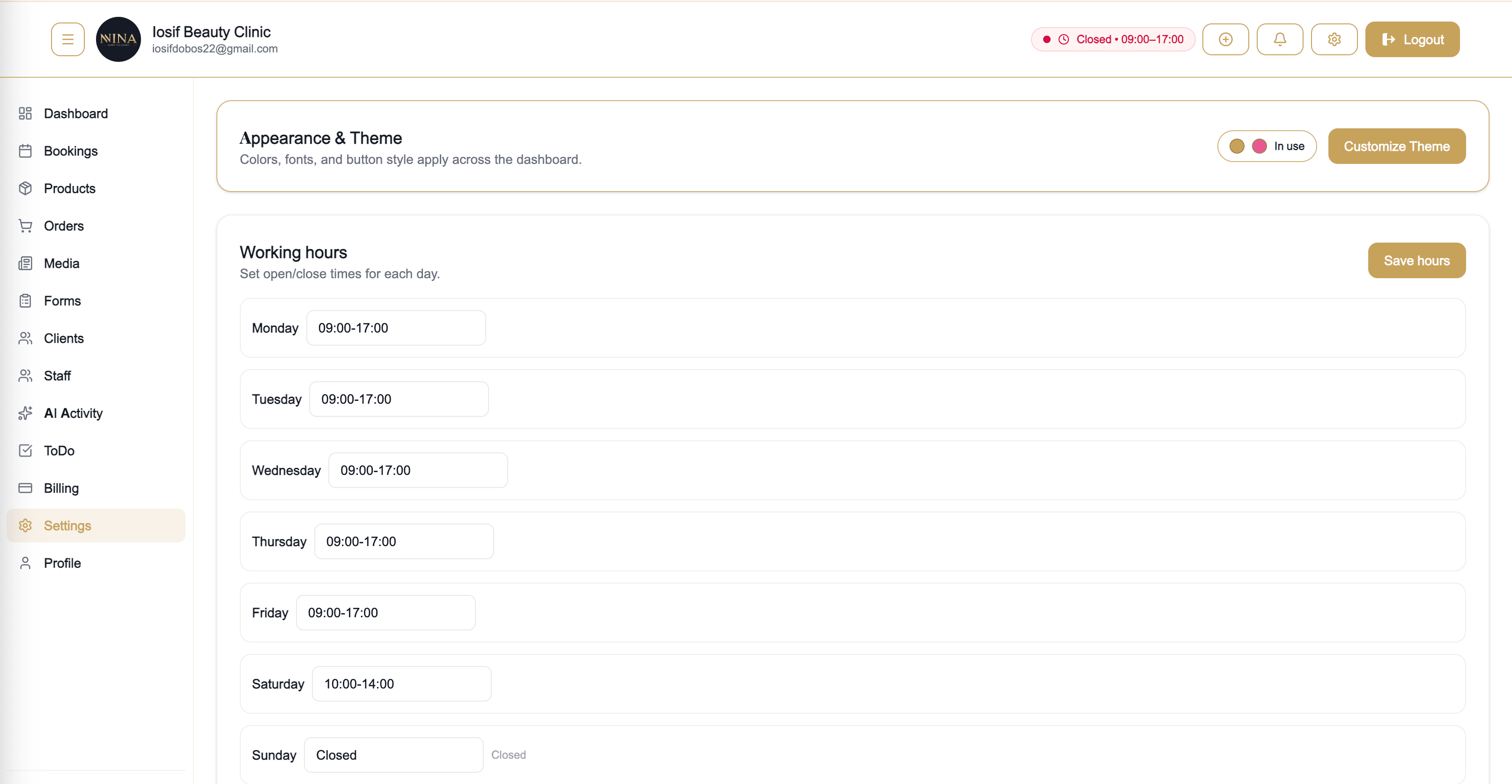 Clinic settings preview