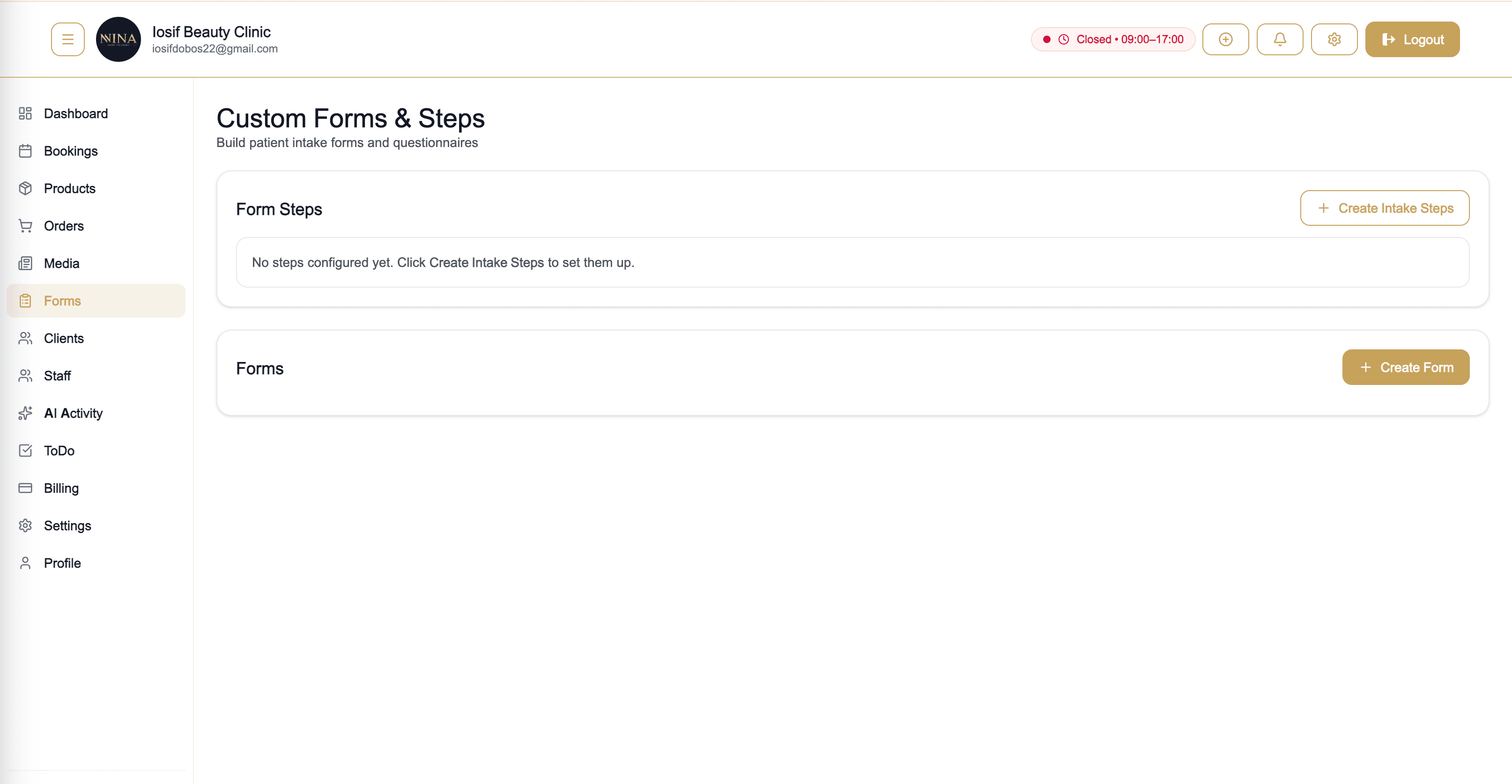 Forms and intake screenshot